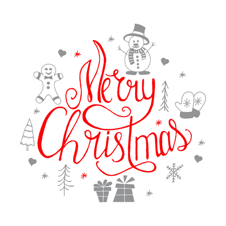 Merry and Bright lettering design.Christmas icons set.Hand lettering calligraphicのイラスト素材