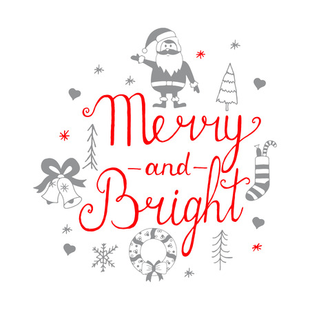 Merry and Bright lettering design.Christmas icons set.Hand lettering calligraphic Christmas type posterのイラスト素材