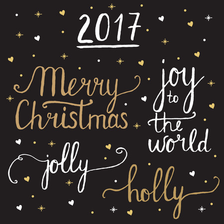 Merry Christmas, Jolly, Holly, Joy to the world Lettering Design Set.のイラスト素材