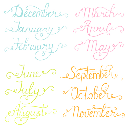 Handwritten months of the year: December, January, February, March, April, May, June, July, August, September, October, November. Calligraphy words for calendars and organizers.のイラスト素材