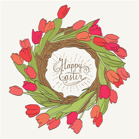 Happy Easter Lettering. A wreath of tulipsのイラスト素材