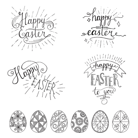 Hand written Easter phrases .Greeting card text templates with Easter eggs isolated on white layout. Happy easter lettering modern calligraphy style.のイラスト素材