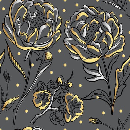Seamless pattern with image of a gold peony flowers on a grey background. Vector illustration.のイラスト素材
