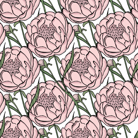 Seamless floral vector pattern peony. Flowers and leaves, can be used as greeting card, invitation card for wedding, birthday and other holiday and summer background. Vector illustration.のイラスト素材