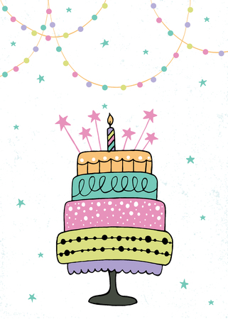cute happy birthday card with cake and candles. vector illustrationのイラスト素材