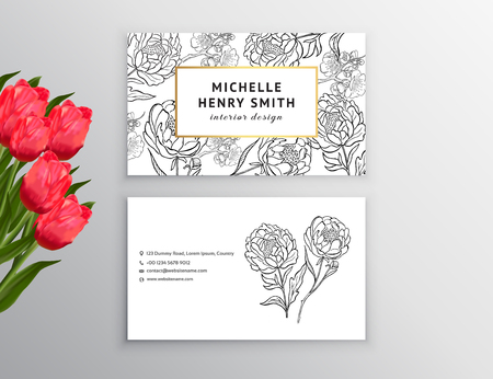 Business card template, design element. Can be used also for greeting cards, banners, invitations,flayers, posters. Decorative flowers,peony tulipsのイラスト素材