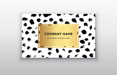 Vector gold business card templates with brush stroke background.Vector design concept. For stylist, makeup artist, photographer. Stylish elegant business cards template. Dark brush dotsのイラスト素材