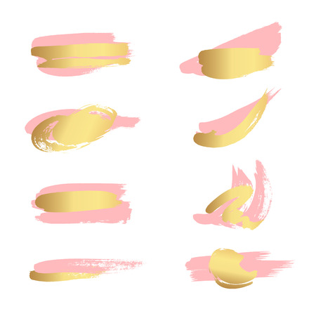 Set of pink and gold paint, ink brush strokes, brushes, lines. Dirty artistic design elements, boxes, frames for text.のイラスト素材