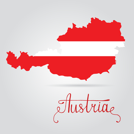 Map of Austria with an official flag. Illustration on white background. Illustration of Austria flag on map of countryのイラスト素材