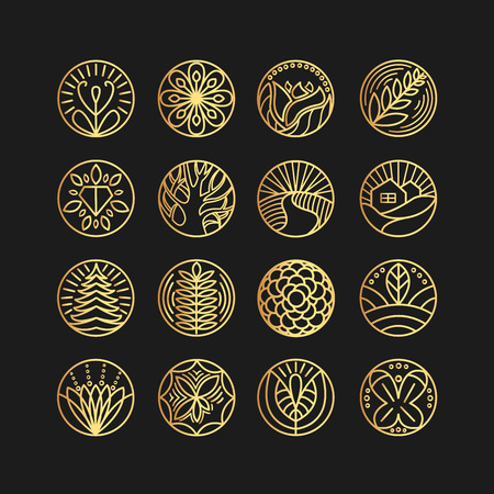 Set of design templates and emblems in trendy linear style in golden colors.のイラスト素材