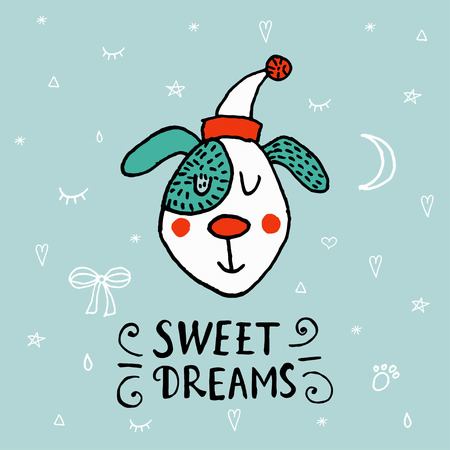 Christmas illustration with funny dog. Hand drawn vector poppy with lettering Sweet Dreams. Happy New Year collection. Winter design. Happy holidays template. Cartoon animals. Xmas 2018 card.のイラスト素材