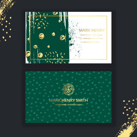 Set of Green and Gold Design Business card. Abstract Modern Backgrounds.Brush stroke. Vector illustration. Corporate identity templates in elegance, luxury styleのイラスト素材