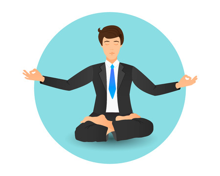 Businessman sitting in lotus pose vector illustration. Meditating office worker on dreamy mandala background.のイラスト素材