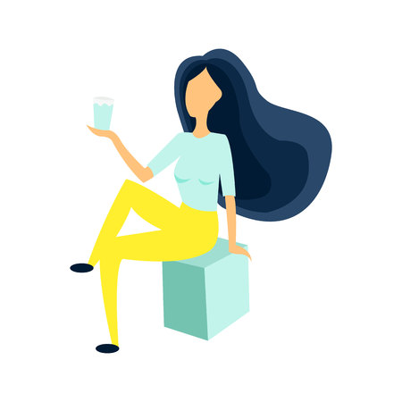 A girl drinks water through a straw. Rest at the resort. Beautiful dynamic girl with water. Young woman drinking water. The girl is drinking water.Flat design. Vector illustration.のイラスト素材
