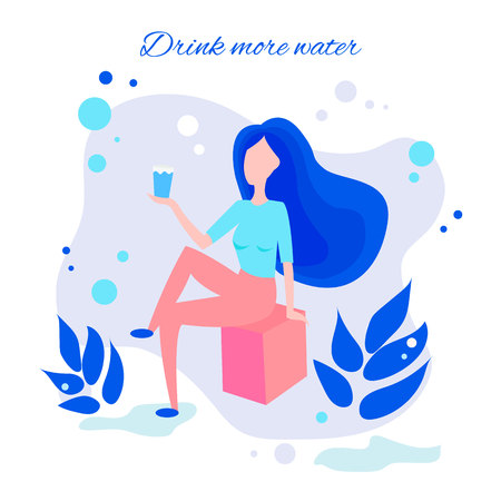 A girl drinks water through a straw. Beautiful dynamic girl with water. Healthy lifestyle concept. Vector cartoon illustration isolated on white background.のイラスト素材