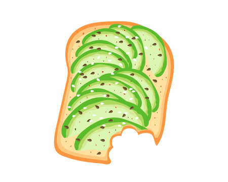 Avocado toast. Sliced avocado on toast bread with spices. Delicious avocado sandwich with sesame seeds, seasoning and dill. Vector illustration.のイラスト素材
