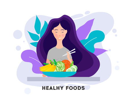 Pretty Girl with Healthy Food. Eating healthy food.Woman having lunch, dinner or breakfast.Vector illustration character design happy to eat. Girl enjoying delicious foods.のイラスト素材