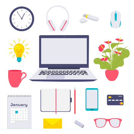 Set of flat vector design illustration of modern business office and workspace. Flat Style Modern Design Concept of Creative Office Workspace.Modern vector illustration concept, isolated on white backgroundのイラスト素材