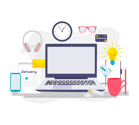 Set of flat vector design illustration of modern business office and workspace. Flat Style Modern Design Concept of Creative Office Workspace.のイラスト素材