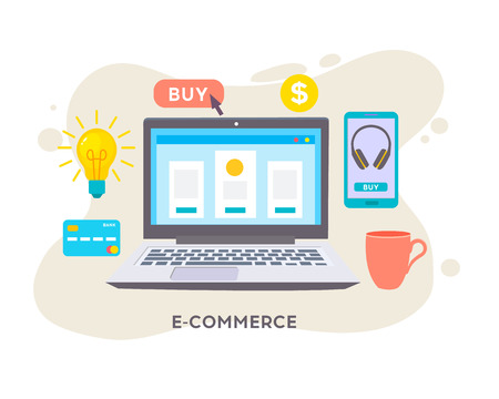 Online shop. Digital Marketing, store, E-commerce shopping concept. Internet sale shopping cart, payment, checkout, gift box.のイラスト素材