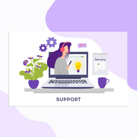 Online support concept.Online global technical support 24 7. Vector illustration Idea of advice, help, assistance.のイラスト素材