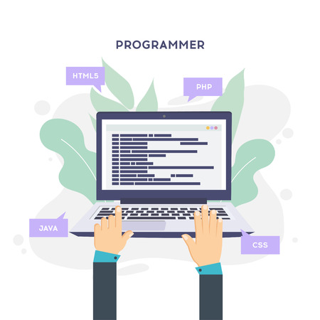 Workplace of programmer or coder. Software coding, programming languages, testing, debugging, web site, search engine seo Vector illustration in flat styleのイラスト素材