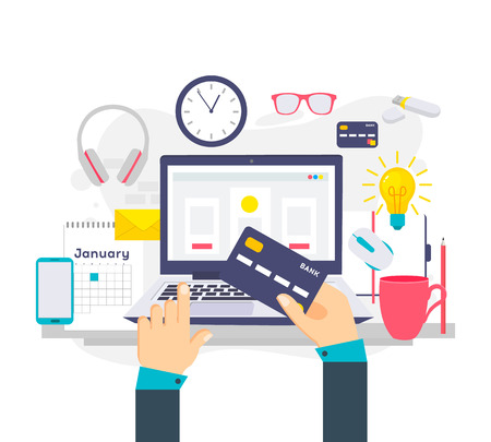 Set of flat vector design illustration of modern business office and workspace. Flat Style Modern Design Concept of Creative Office Workspace.Modern vector illustration concept, isolated on white backgroundのイラスト素材