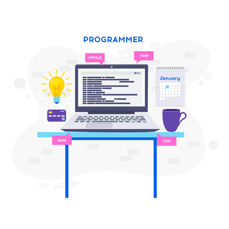 Workplace of programmer or coder. Software coding, programming languages, testing, debugging, web site, search engine seo Vector illustration in flat styleのイラスト素材