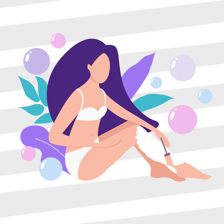 Vector illustration of beautiful woman in a white bath towel shaves her legs with a safety razor. The concept of body care, hair removal, epilation at home, beautyのイラスト素材