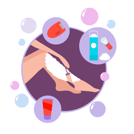 Vector illustration of beautiful woman towel shaves her legs with a safety razor. The concept of body care, hair removal, epilation at home, beauty. Electric epilator, shaver, shaving razor, well-groomed woman legsのイラスト素材