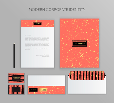Corporate Identity Template. Corporate Identity Design Stationery Mockup Vector Megapack Set. Trendy Living Coralのイラスト素材