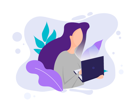 Millennial concept. Girl working with laptop in social networks. Young teenage girl is looking at her laptop. Millennial illustrated. Young girl modern characters with laptop.のイラスト素材