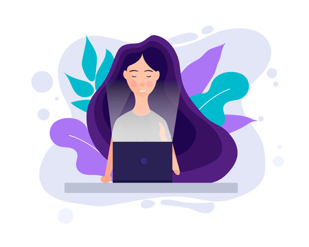 Millennial concept. Girl working with laptop in social networks. Young teenage girl is looking at her laptop. Millennial illustrated. Young girl modern characters with laptop.のイラスト素材