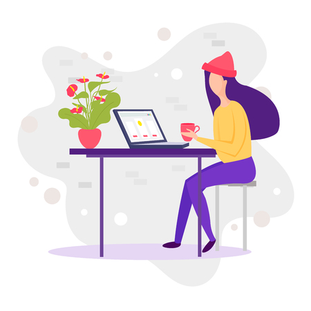 Millennials at work. Trendy young adult is standing with his laptop. Working space. Young character typing on a laptop. Modern manager. Workaholic.のイラスト素材