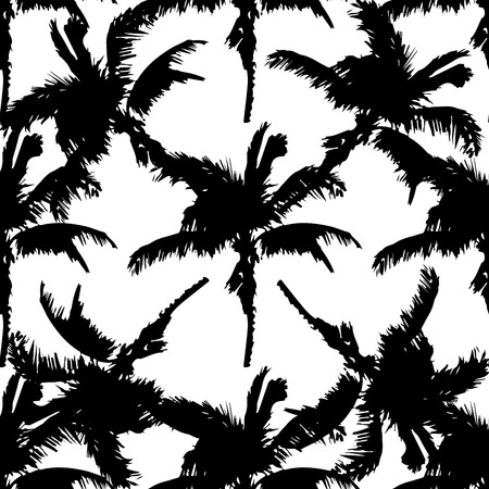 Black vector palm trees. Hand drawn seamless pattern. Summer  tropical palm tree leaves seamless pattern. Abstract nature backgroundのイラスト素材