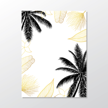 Black palm trees on white background. Exotic leaves.Summer placard poster flyer invitation card.のイラスト素材