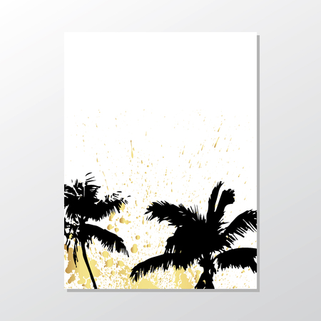 Black palm trees on white background. Exotic leaves.Summer placard poster flyer invitation card. Wedding event invitation card template.のイラスト素材