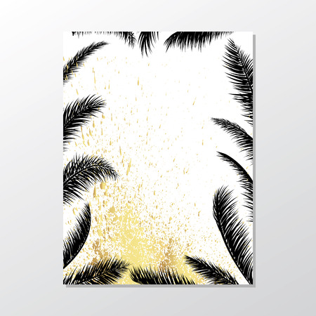 Black palm trees on white background. Exotic leaves.Summer placard poster flyer invitation card. Wedding event invitation card template.のイラスト素材