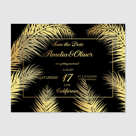Wedding invitation cards with gold palm on white background. Luxury exotic botanical design for wedding ceremony. Minimalist botanical wedding invitation card template design. のイラスト素材