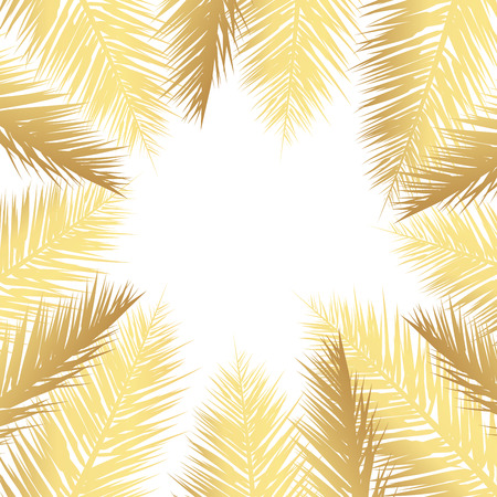 Vector tropical Golden palm leaves on white background. Summer tropical palm tree gold leaves border, frame background. Vector grunge design for card, poster, wallpaper. のイラスト素材