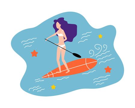 Girl with surfboard. Surfer vector illustration. Beach summer vacation.のイラスト素材