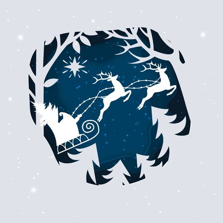 Santa Claus with Deer in a forest and snow. Paper art illustrations.のイラスト素材