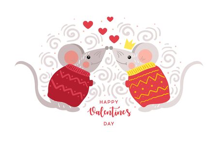 Couple in love concept, two cute mices. Love concept. Mouse with heart in cartoon style. Cute mouse in love. Vector cartoon style romantic. Valentine's Day Vector Card.のイラスト素材