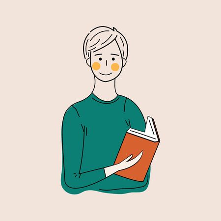 Literature fan. Boy studying with some books. Young student boy. Education and learning concept. Boy with book. Boy who love to Read. Reading Books concept. Flat cartoon vector illustration.のイラスト素材