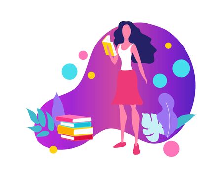 Literature fan. Girl studying with some books. Young student girl. Education and learning concept. Beautiful girl with book. Girl who love to Read. Reading Books concept. Flat cartoon vector illustration.のイラスト素材