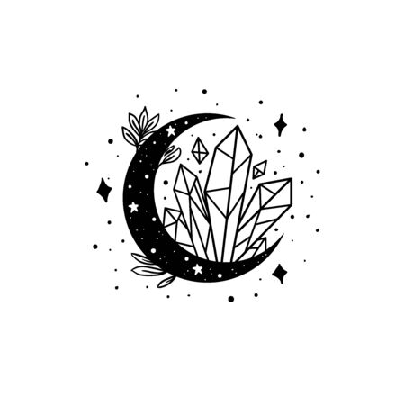 Mystical moon with crystal and stars. Stars, constellations, moon, crystals.のイラスト素材
