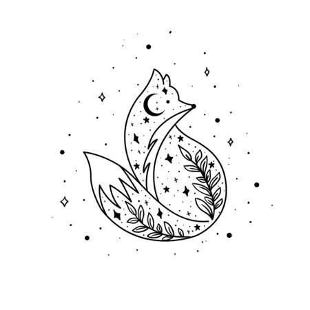 Mystical fox with moon and stars. Stars, constellations, moon. Hand drawn astrology symbol. For print for T-shirts and bags, decor element. Mystical and magical, astrology illustrationのイラスト素材
