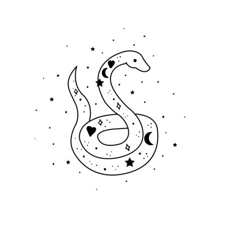 Mystical snake with moon and stars. Magic alchemy snake design cartoon style. Mystic, alchemy, occult concept.のイラスト素材