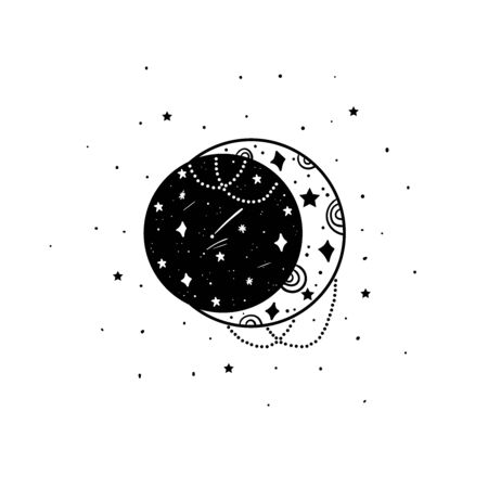Mystical moon and stars. Stars, constellations, moon. Hand drawn astrology symbol. For print for T-shirts and bags, decor element. Mystical and magical, astrology illustrationのイラスト素材