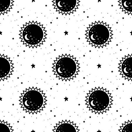 Seamless Pattern Mystical planet with stars and moon. Stars, constellations, moon, crystals.のイラスト素材